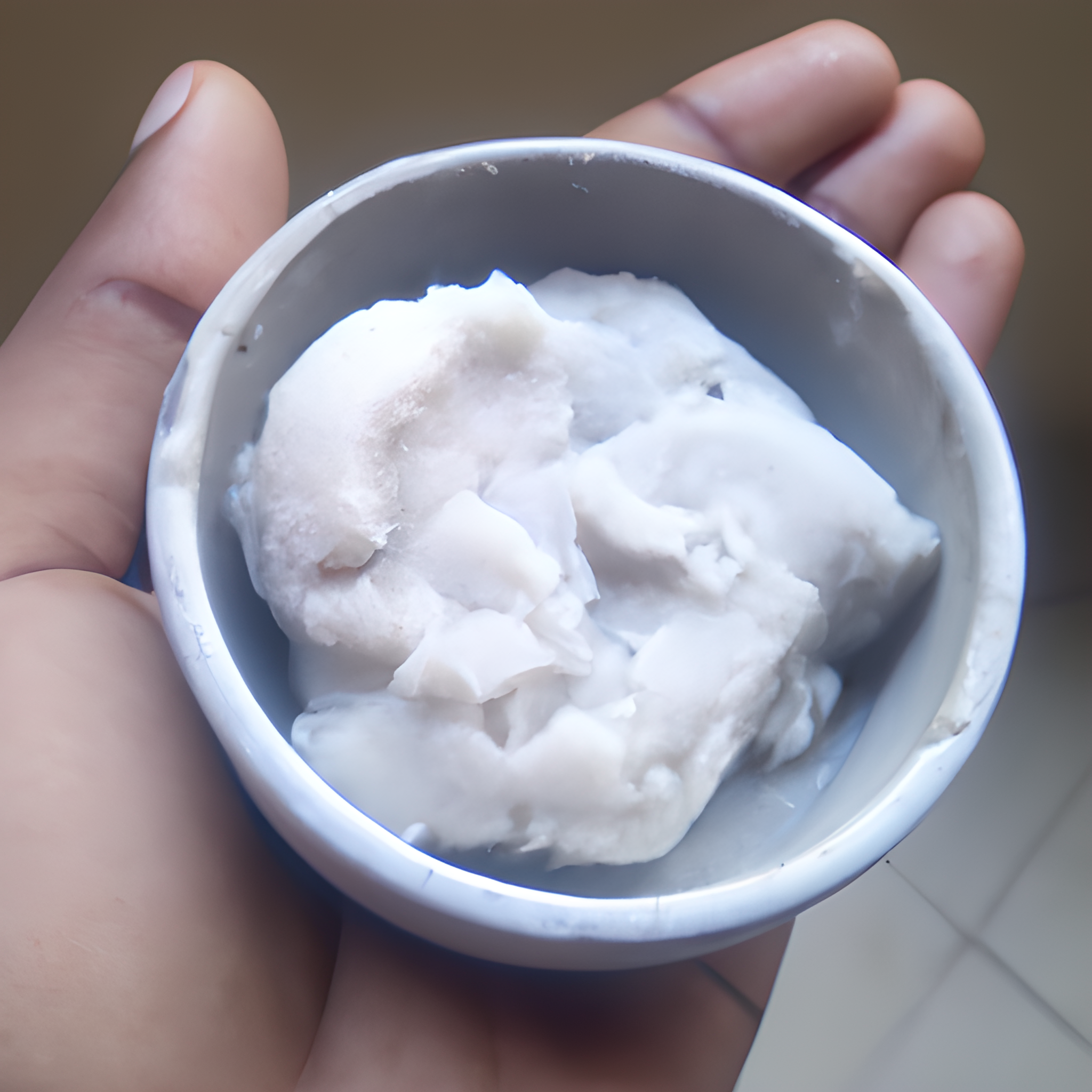 Small bowl of shea butter in hand
